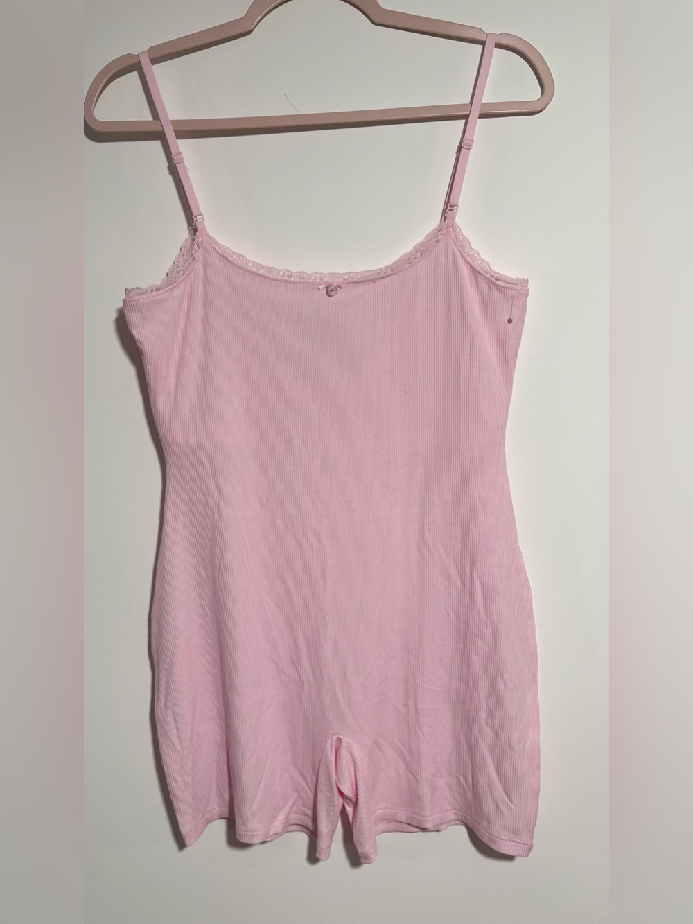 SKIMS Light Pink Ribbed Slip Romper with Lace Trim